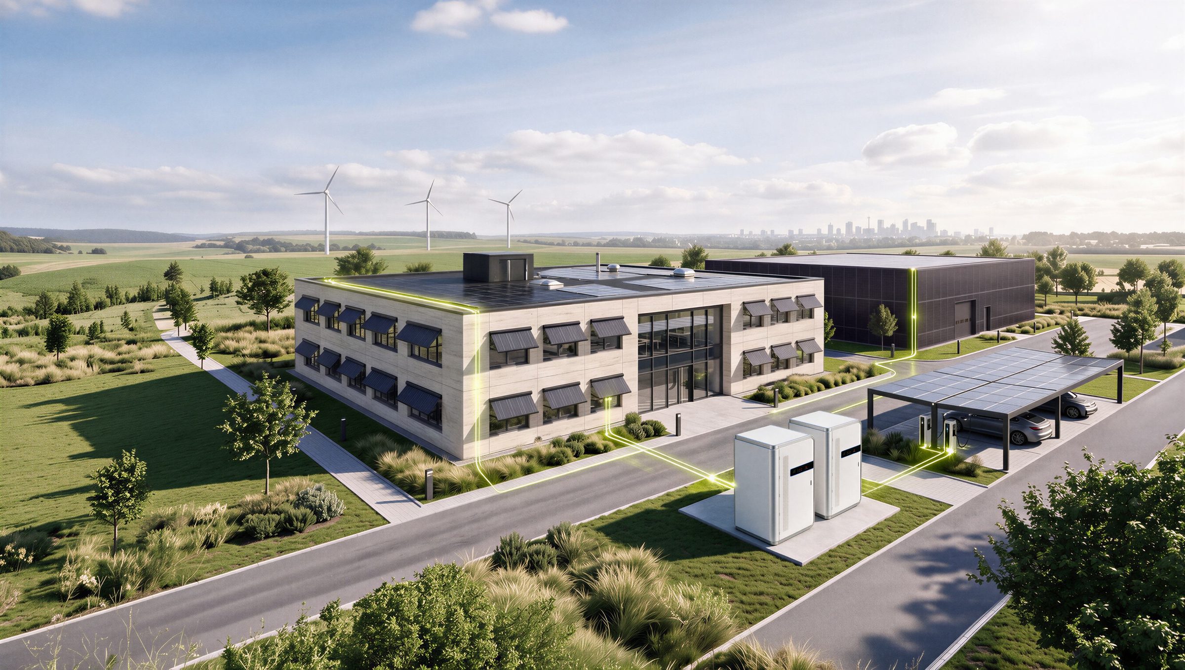 Gewerbestandort als das.energiesystem: Dach, Fassade, Carport, Speicher und Ladeinfrastruktur